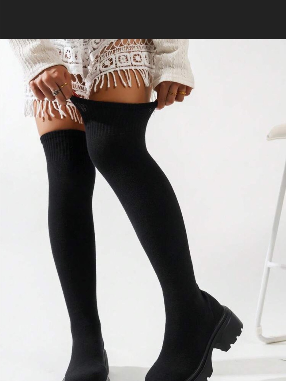 Black Over-the-Knee Ribbed Sock Boots